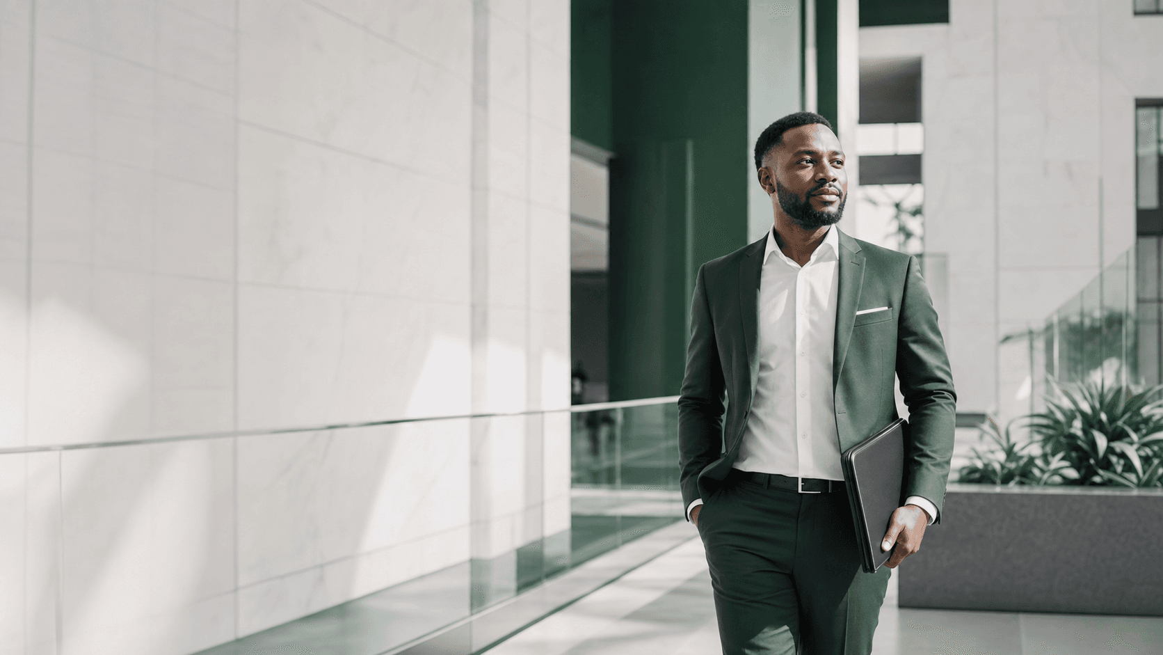 A confident professional moving through a modern green and white workplace